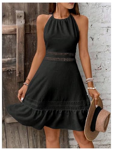 Image of Floerns Women's Contrast Lace Sleeveless Halter Dress Backless Vacation A Line Dress