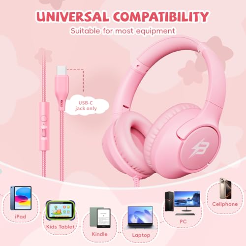 Image of USB C Headphones Wired for Kids, 85 /94dB Volume Limit With Mic, Pink | Kid Headphones for School, Wired Over Ear USBC Plug in Corded Headphones for Boys Girl Toddler, iPad, Tablet, Airplane Travel