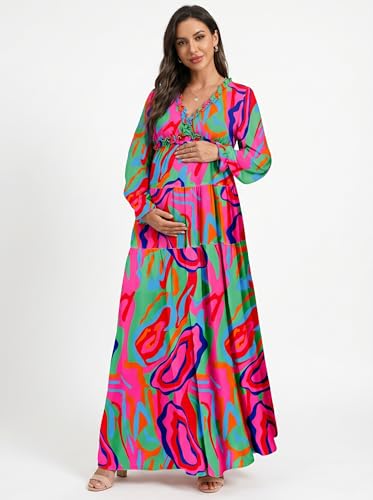 Image of BLENCOT Womens Casual Boho Floral Printed V Neck Long Sleeve Long Maxi Dress Spring Summer Dresses