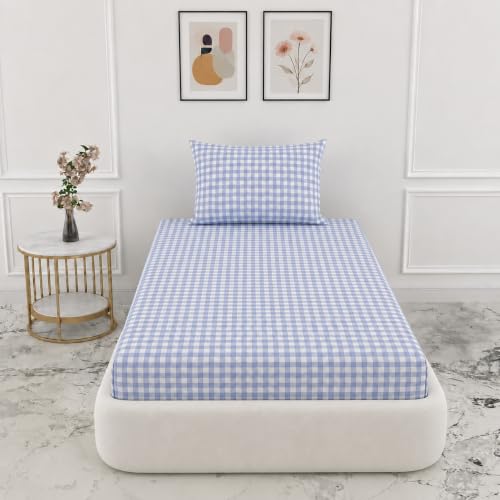 Image of VOMZER Single Size (36x72) 300 TC Soft Cotton Feel Microfiber All Around Elastic Fitted Single Bedsheet with 1 Pillow Cover | Lavender Check