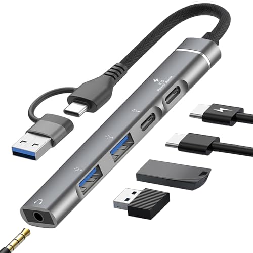 USB C Hub USB 3.0 Hub with 3.5mm Headphone Aux Jack, 5-in-1 USB C to USB Adapter USB C Splitter with...