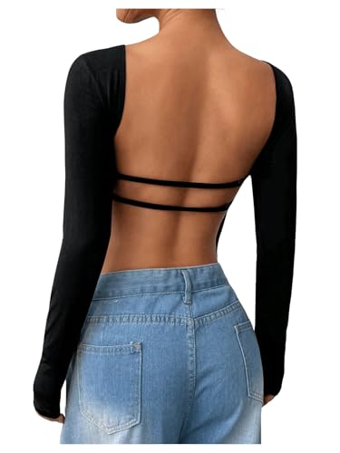 OYOANGLE Women's Scoop Neck Long Sleeve T-Shirts Open Back Fitted
