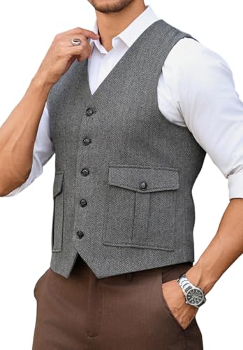 Men's Retro Herringbone Vest Single Breasted Tweed Blended Business Waistcoat with Pockets2