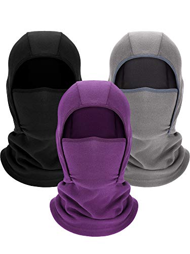 3 Piece Kids Warm Hood Balaclava Winter Windproof Hat Fleece Balaclava Face Cover (Black, Grey, Purple)