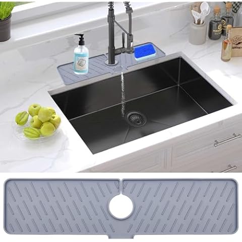 18 Inch Sink Splash Guard,18” x 5.9” Faucet Handle Drip Catcher Tray, Faucet Water Catcher Mat, Faucet Splash Guard, Faucet Mat for Kitchen, Bar Prep Sink, Bathroom, Laundry Room, Farmhouse(Gray) Cover