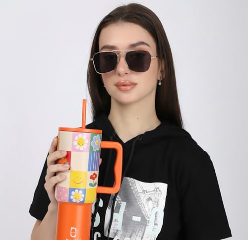 Image of House of Quirk 1200ML Stainless Steel Tumbler with Handle & Lid, 2 Straws - Large Travel Mug Water Cup for Gym, Office & Outdoor Use (Sunpop)