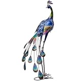 TERESA'S COLLECTIONS Outdoor Decor Peacock Yard Art Garden Sculptures & Statues,Blue Large Metal Bird Lawn Ornaments,35inch Outside Decor for Porch Patio Pool Backyard Decor,Housewarming Gift