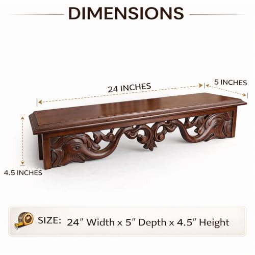 Image of WOODSOME Handcrafted Wooden Wall Bracket Shelf | Decorative Solid Wood Wall Mount Shelf for Living Room, Bedroom, Mandir & Office | Vintage Carved Design | 24 x 5 x 4.5 Inches