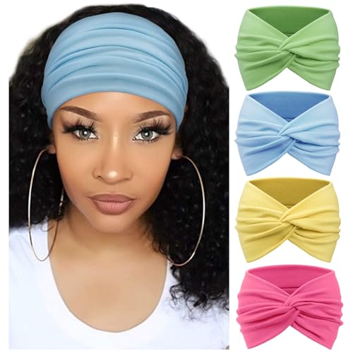 Image of DRESHOW 4 Pack Turban Headbands for Women Wide Vintage Head Wraps Knotted Cute Hair Band Accessories