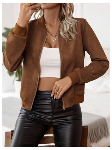 SweatyRocks Women's Faux Suede Short Bomber Jacket Coat Stand Collar Lightweight Zip Up Fashion Outerwear Tops4
