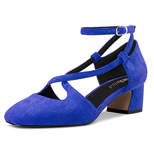 Saekcted Women Mid Chunky Block Heel Square Toe Pumps Cross-Strap Ankle Strap Buckle Party Cute Shoes