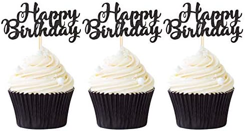 Pack of 24 Glitter Black Happy Birthday Cupcake Toppers Party Cake Food Picks