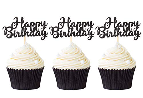 Pack Of 24 Glitter Black Happy Birthday Cupcake Toppers Party Cake Food Picks #TOP17