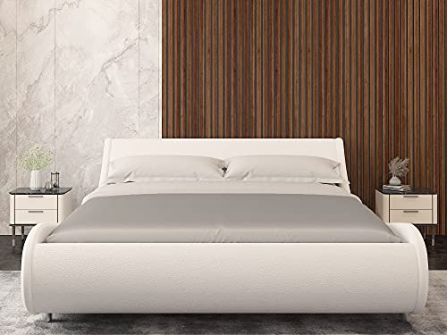 Einfach Modern Queen Upholstered Platform Bed Frame,Low Profile Bed Frames With Adjustable Headboard, Faux Leather Bed/No Box Spring Needed/Easy Assembly,White #TOP2