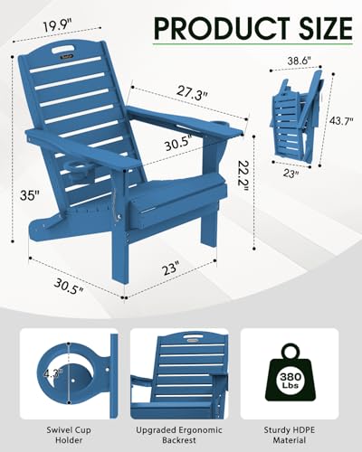 SUUNYN Folding Adirondack Chair HDPE All-Weather Adirondack Chairs with Cup Holder, Outdoor Fire Pit Chairs Lawn Chair for Deck Patio Garden (NavyBlue) - Image 3