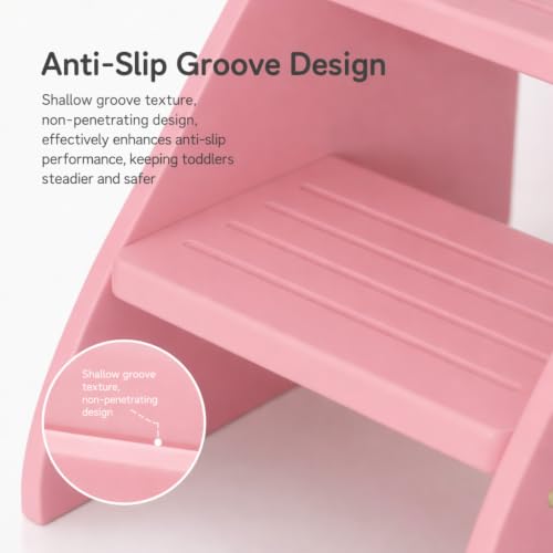 Image of Bamboo 2 Step Stool 300lbs Capacity, Wooden Two Step Stool with Non-Slip Handles, Heavy Duty Stepping Stool for Bedside High Beds Adults, Sturdy Small Bathroom Kitchen Pink Step Stool