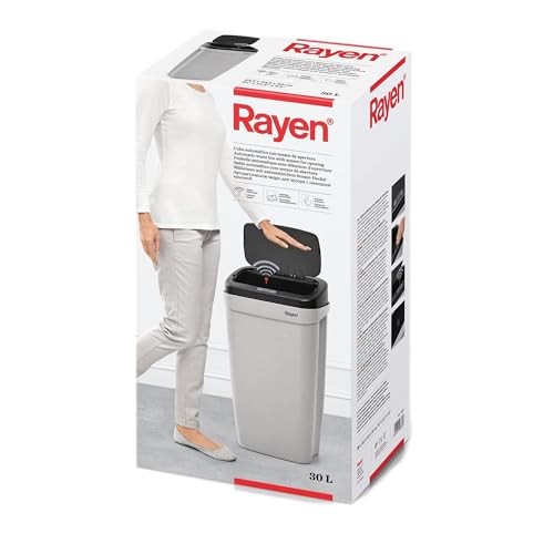 Rayen - Poubelle automatique avec capteur d’ouverture - Seau de cuisine - Capteurs infrarouges - Prolipopilène - Couvercle amovible - Gris/Noir - 30 L -...