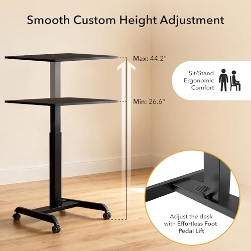 Image of Mount-It! Rolling Laptop Desk Adjustable Height (29.6 inch-44.2 inch), Mobile Workstation Cart with 23.6 inch x 20.5 inch Desktop, Small Sit-Stand Desk for Home, Office, or Classroom in Black