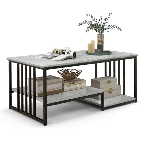 Multigot 3-Tier Coffee Table, Faux Marble Cocktail Center Table with Open Storage Shelves, Metal Frame Accent Sofa Snack Tea Table for Living Room Bedroom (Grey + Black)