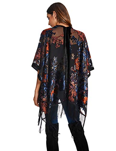 Image of MJ SERECA Women's Burnout Velvet Kimono Cardigan Cover Up with Tassel