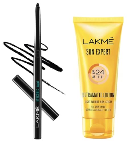 Image of LAKME Sun Expert Spf 24 Pa++ Ultra Matte Sunscreen for All Skin Type Lotion 50 Ml & Lakme Eyeconic Black Kajal, Matte Kohl Liner In A Twist Up Pencil, 0.35 G