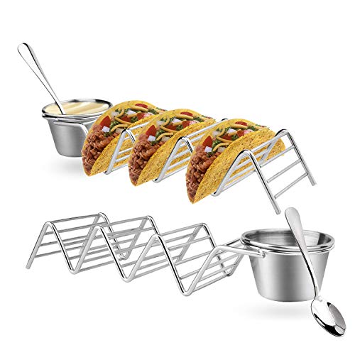 Taco Holder Stand Set of 2 - Stainless Steel Taco Trays with 2 Salad Cups & 2 Spoons,Holds 3 Tacos Each Keeping Shells Upright & Neat