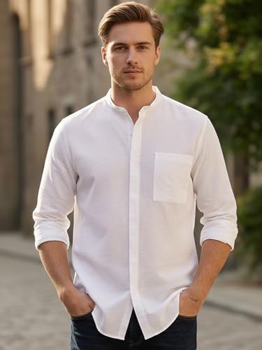 Image of Urbano Fashion Men's Cotton Full Sleeve Regular Fit Casual Solid Shirt with Band Collar
