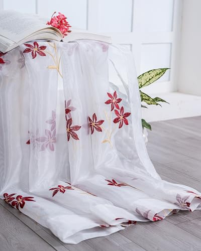 Image of (7 ft Sheer Tissue with Embroidery 3 Flower Design|Grommet Curtains Window Long Curtain|Tissue Fabric Window Curtain (Maroon & Golden)|for Home|(Pack of 2)|213 L X 121 W cm