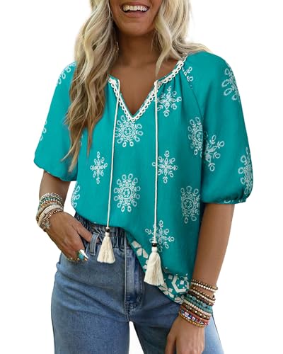 Vivilli Womens Boho Tops, Blouses for Women Casual Womens Summer Tops Bohemian Fashion 2026 Short Sleeve Shirts Peasant Blouses Flowy V Neck Loose Fit Tie Front Top Resort Wear Lake XL