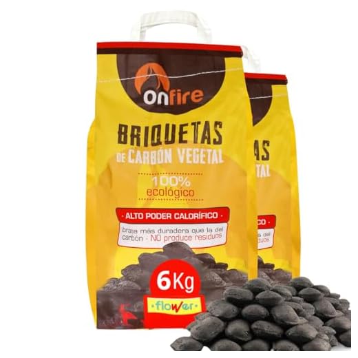 FLOWER Carbon Vegetal Briquetas 100% Natural 6 kg | Carbón para Barbacoas, Parrilas Chimeneas | Brasas Rápidas en Menos 20 Minutos | Sin Aditivos Químicos Ni Minerales | Alto Poder Calorífico (6 KG)
