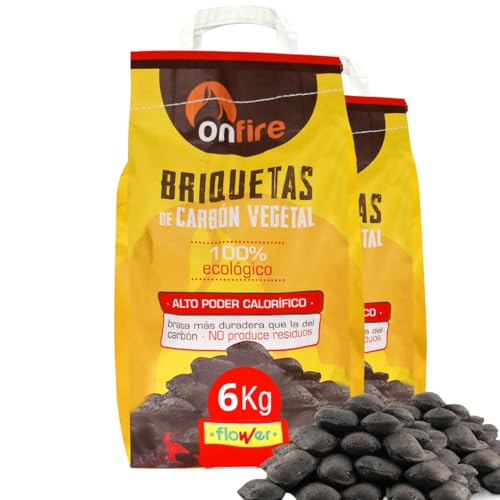 FLOWER Carbon Vegetal Briquetas 100% Natural 6 kg | Carbón para Barbacoas, Parrilas Chimeneas | Brasas Rápidas en Menos 20 Minutos | Sin Aditivos Químicos Ni Minerales | Alto Poder Calorífico (6 KG)