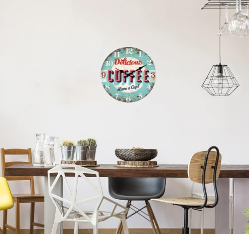 Image of XFM Large Coffee Bar Wall Clock 24 Inch Blue Wooden | Battery Operated Silent Non-Ticking Retro Round Clocks for Living Room Kitchen Cafes Farmhouse