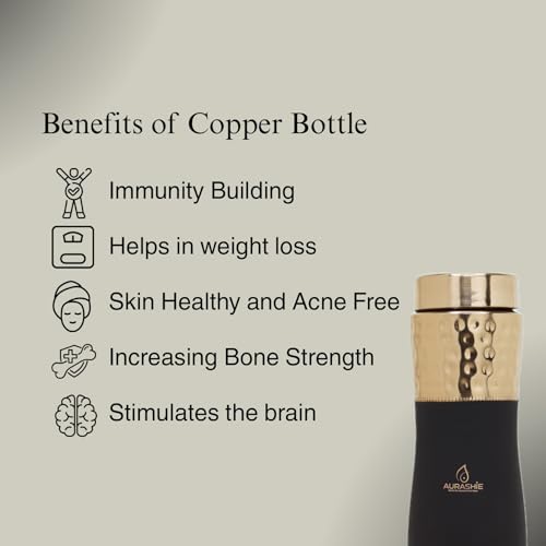 Image of Pure Copper Water Bottle 1 Litre | BPA Free & Leak Proof | Copper-Infused Water | Durable & Rust Proof | Ayurveda Health Benefits - Hammered Finish (Brown Grip Sleeve)