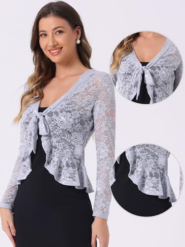 Image of Allegra K Bolero Shrug for Women's Lace Cardigan Tie Front Crop Ruffled Formal Dressy Wedding Shrugs
