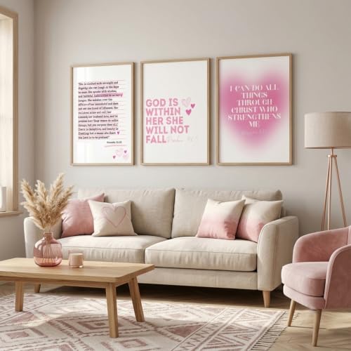 3pcs Pink Bible Verses Wall Art Christian Aesthetic Wall Decor Pictures Preppy Inspirational Scripture Quote Canvas Posters Prints for Girly Bedroom Preppy Religious Decor 16x24in Unframed by OWTXPXRY - Used condition - Image 3