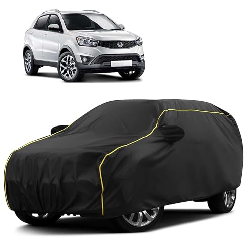 Image of Sulfar 100% Water Resistant Car Body Cover Compatible with Mirror for SsangYong Korando (Triple Stitched, Full Bottom Elastic, Black Taffeta with Yellow Piping)