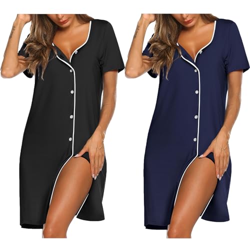 Image of Ekouaer Nightgowns for Women 2 Pack Button Down Sleepshirt Short Sleeve Nightshirt Soft Sleepwear V Neck Pajama Dress