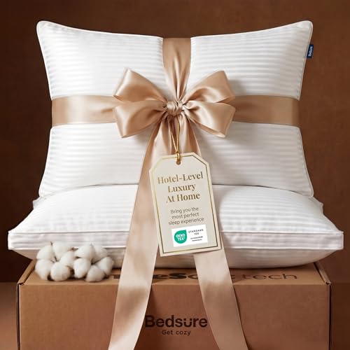 Bedsure Bed Pillows Queen Size Set of 2 Hotel-Quality Down Alternative Gusseted Pillows PureWoven 100% Cotton Shell Dual Chamber Construction for Fluffy Support Ideal for Back & Stomach Sleepers
