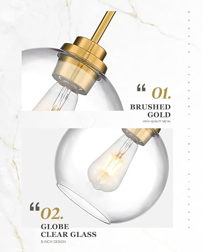 Image of 2 Pack Pendant Lights Kitchen Island, 8 inch Gold Pendant Light Fixtures with Globe Clear Glass Shade, Modern Brass Kitchen Island Lighting for Bathroom, AD-22280-2PL-GD