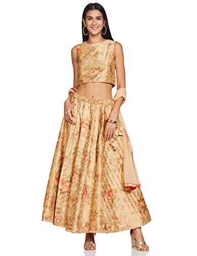 Image of BIBA Poly Cotton Printed Straight Semi-Formal Top With Skirt And Dupatta