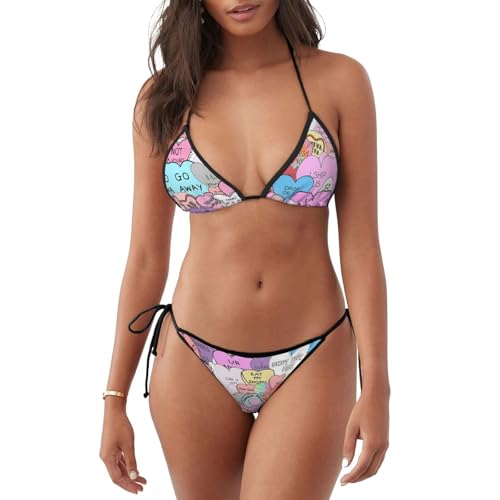 Conjunto de bikini de corazón colorido para mujer, traje de baño de dos piezas, cuello en V, talle bajo, espalda cruzada, tirantes delgados, Negro, M