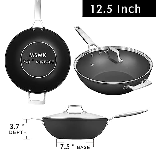 Msmk Large 12.5 Inch Non Stick Wok Pan With Lid, Flat Bottom, Carbonize Also Nonstick, Scratch-Resistant, Pfas Pfoa Free Non-Toxic, Stay-Cool Handle, Induction Big Stir Fry Pan #TOP1