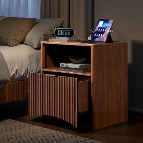 Image of Evermagin Fluted Nightstand with Charging Station, Walnut Bedside Table with Drawer and Storage, Wood End Table Mid Century Modern, Large Night Stand for Bedroom