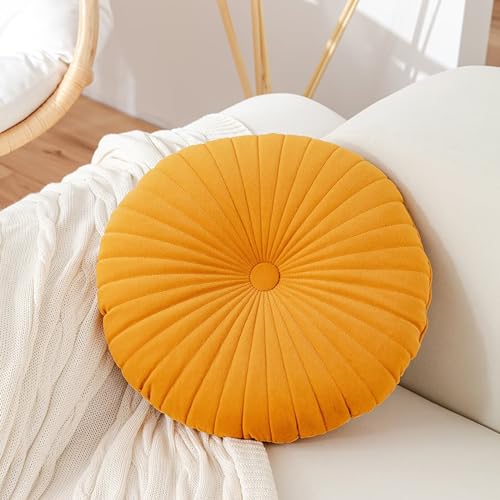 TESICA Round Throw Pillow Velvet Pleated Pillow Cushion Solid Color Small Pumpkin Cushion for Couch Chair Bed Car, Ginger