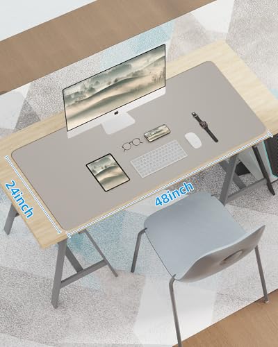 Image of Leather Desk Pad Protector,Mouse Pad,Office Desk Mat, Non-Slip PU Leather Desk Blotter,Large Desk mat,Waterproof Keyboard mat for Office /Home /Decor (Light Grey,48 inch x 24 inch)
