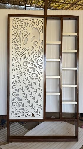 Image of Carved Room Divider Screen, Room Separator Partition Panel for Between Room and Kitchen, Brown with Mirror