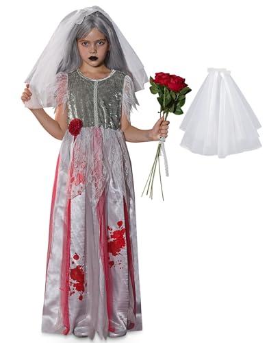 Halloween Girls Zombie Bride Dress with Veil Headband 4-14 Years