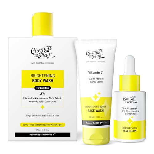 Image of Chemist at Play 30x Vitamin C Face Wash, Brightening Body Wash & 10% Vitamin C Face Serum Combo | Fades Dark Spots, Brightens & Evens Skin Tone | With Alpha Arbutin & Camu Camu | 100ml + 236ml + 30ml