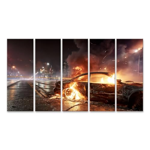 Tableau sur toile voiture en feu décoration murale salon photo nuit XXL