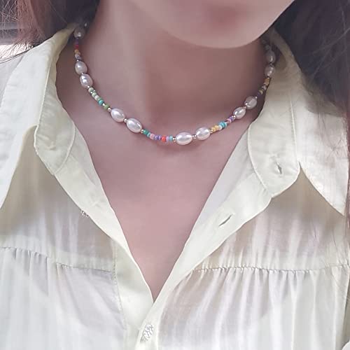 Wellike Freshwater Pearl Beaded Necklace for Women Handmade Boho Colorful Glass Beads Choker Necklace Stainless Steel 18K Gold Plated Bohemian Women Summer Jewelry Gifts